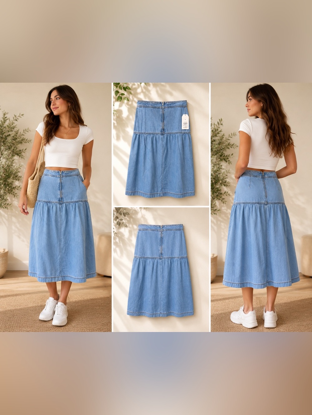 Time and Tru Light Blue Denim Tiered Midi Skirt READ DESCRIPTION